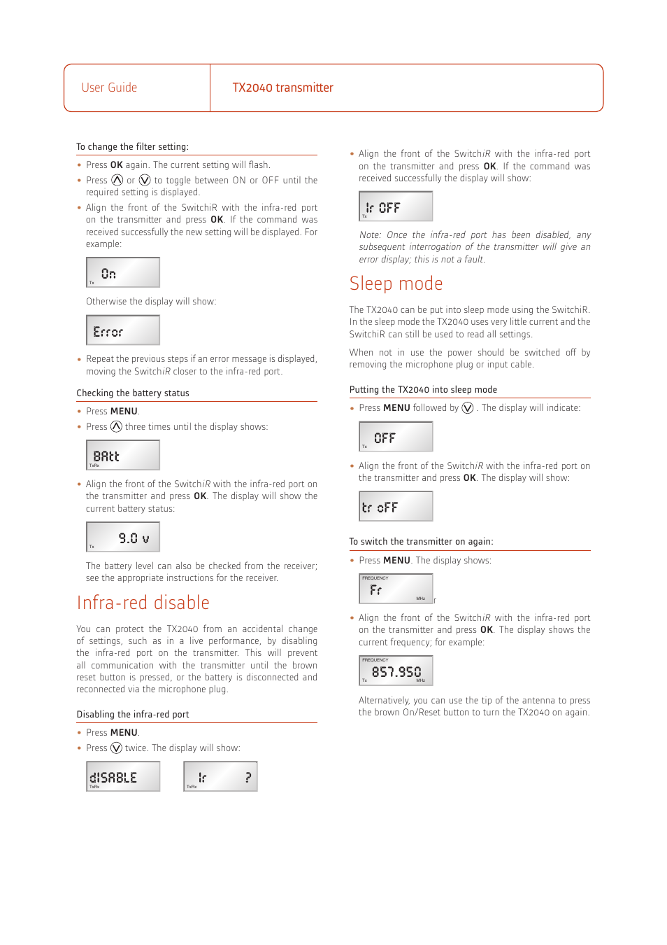 Infra-red disable, Sleep mode, On error | Batt, Disable, Ir off, Tr off | Audio TX2040 User Manual | Page 3 / 4