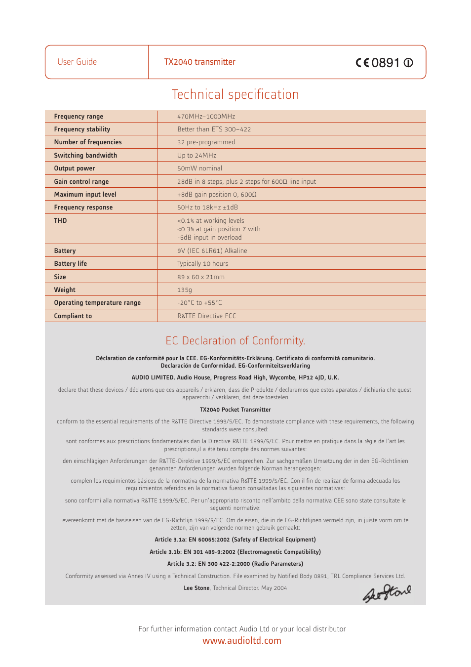 Technical specification, Ec declaration of conformity, User guide tx2040 transmitter | Audio TX2040 User Manual | Page 4 / 4