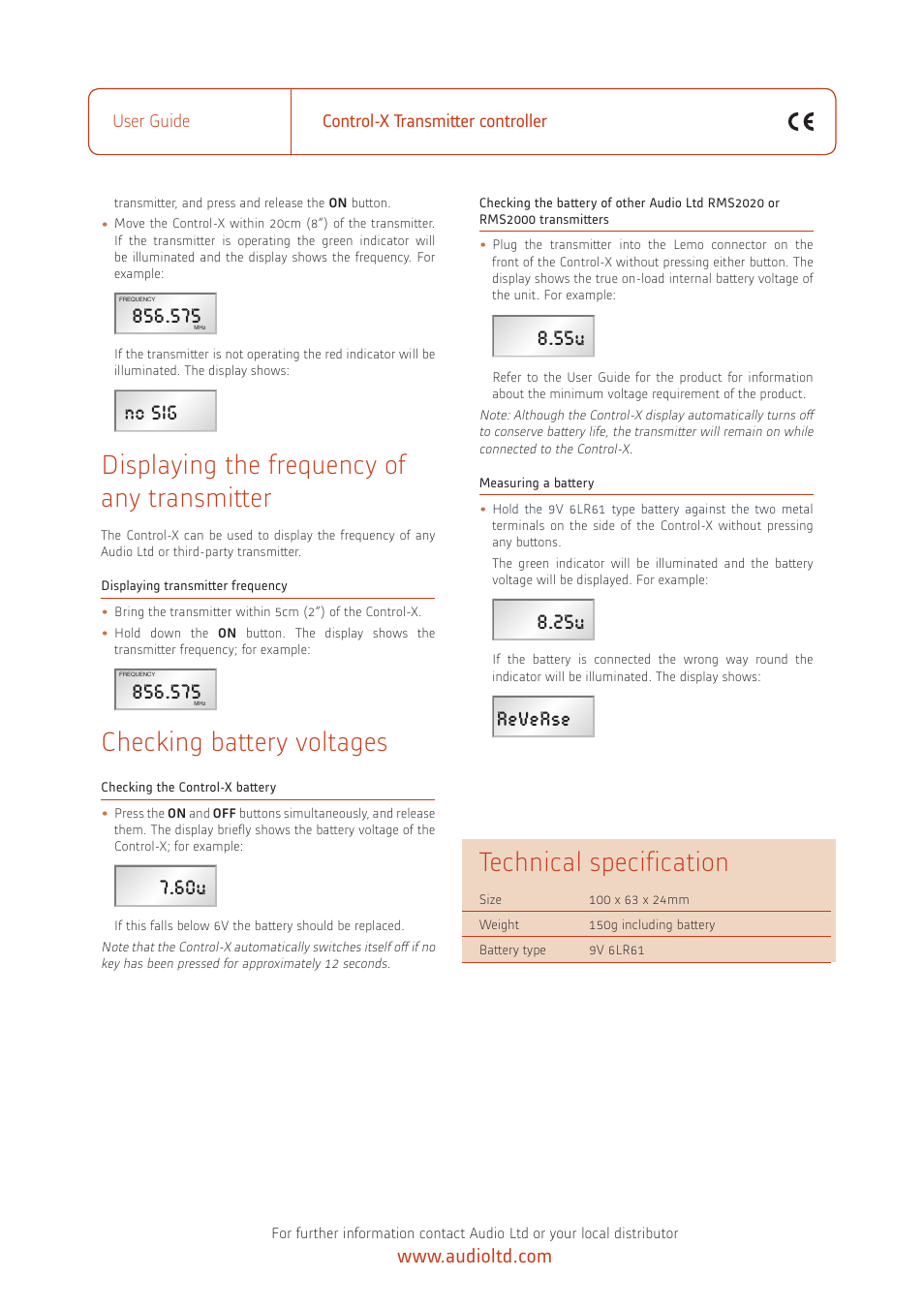 Displaying the frequency of any transmitter, Checking battery voltages, Technical specification | Audio Control-X User Manual | Page 2 / 2