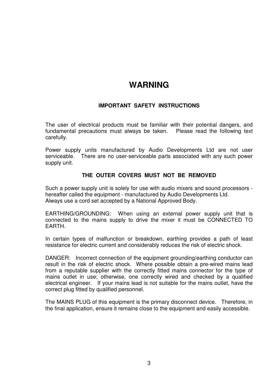 Warning | Audio Developments AD114 User Manual | Page 4 / 31