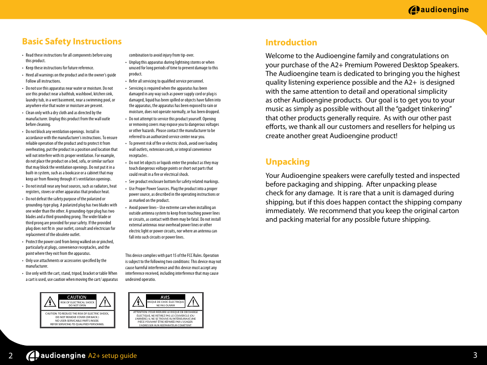Basic safety instructions, Introduction, Unpacking | Audioengine a5+ setup guide | AudioEngine A2+ POWERED DESKTOP SPEAKERS User Manual | Page 3 / 11