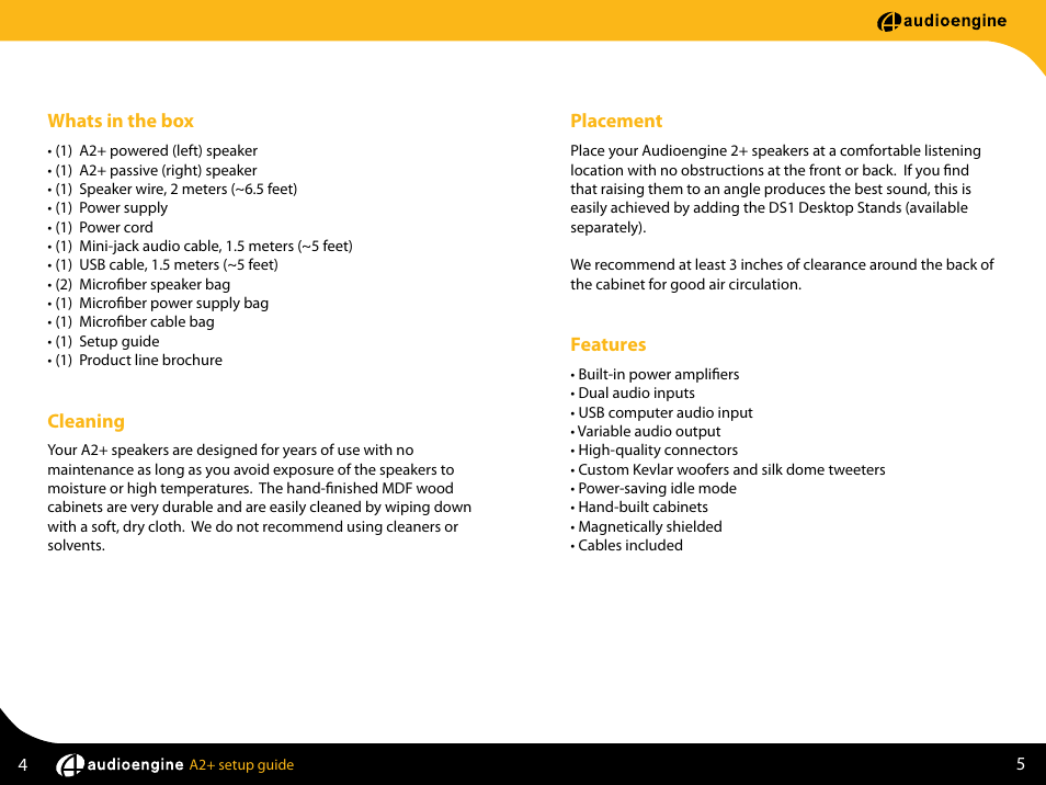Whats in the box, Cleaning, Placement | Features | AudioEngine A2+ POWERED DESKTOP SPEAKERS User Manual | Page 4 / 11