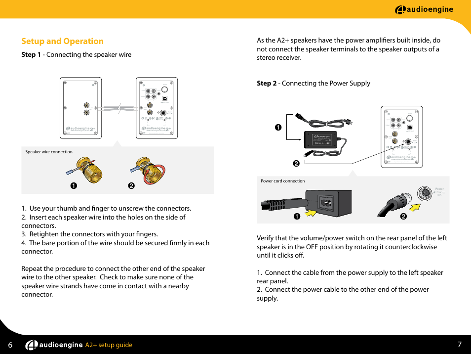Setup and operation, Step 1 - connecting the speaker wire, Designed by audioengine made in china | AudioEngine A2+ POWERED DESKTOP SPEAKERS User Manual | Page 5 / 11