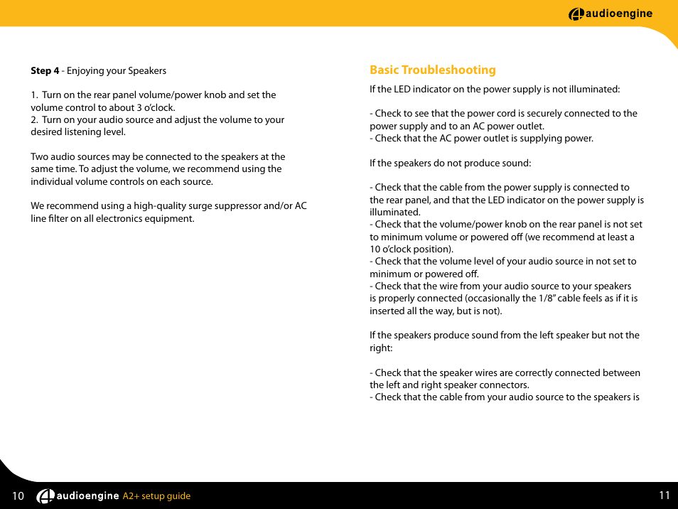 Basic troubleshooting | AudioEngine A2+ POWERED DESKTOP SPEAKERS User Manual | Page 7 / 11