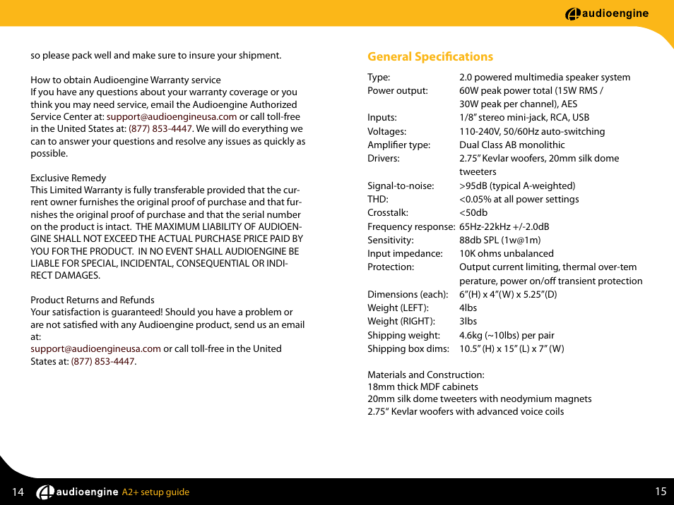 General specifications | AudioEngine A2+ POWERED DESKTOP SPEAKERS User Manual | Page 9 / 11