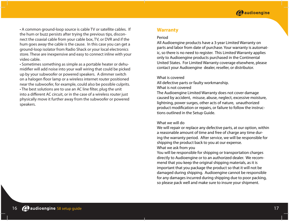 Warranty | AudioEngine S8 POWERED SUBWOOFER User Manual | Page 10 / 13