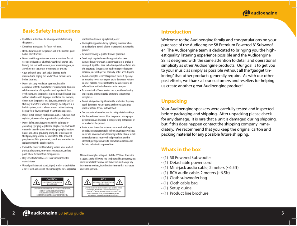 Basic safety instructions, Introduction, Unpacking | Whats in the box | AudioEngine S8 POWERED SUBWOOFER User Manual | Page 3 / 13
