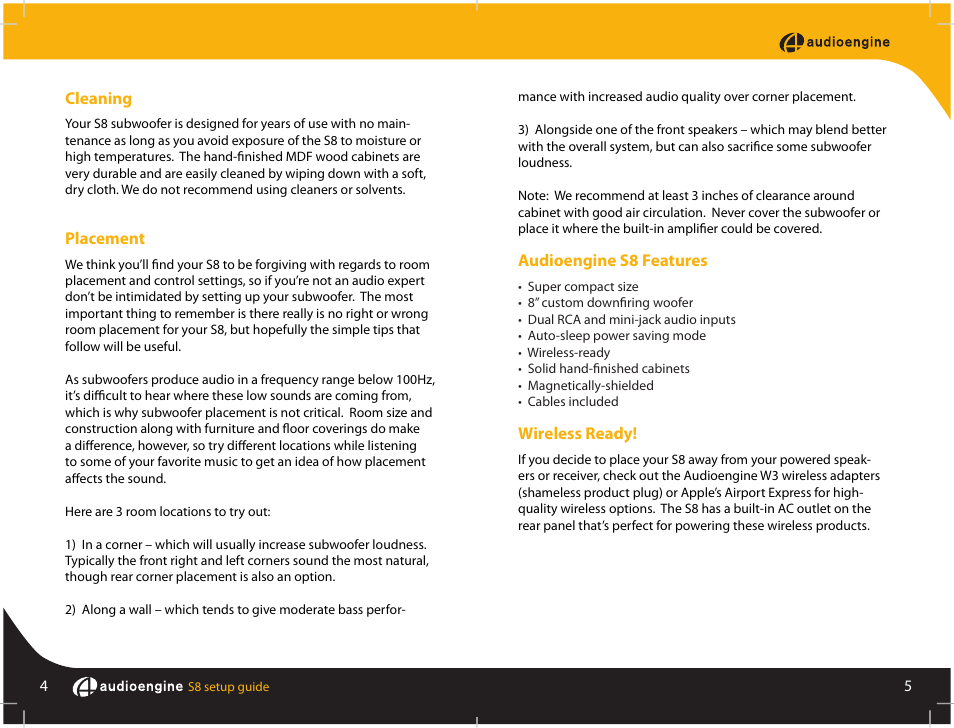 Cleaning, Placement, Audioengine s8 features | Wireless ready | AudioEngine S8 POWERED SUBWOOFER User Manual | Page 4 / 13