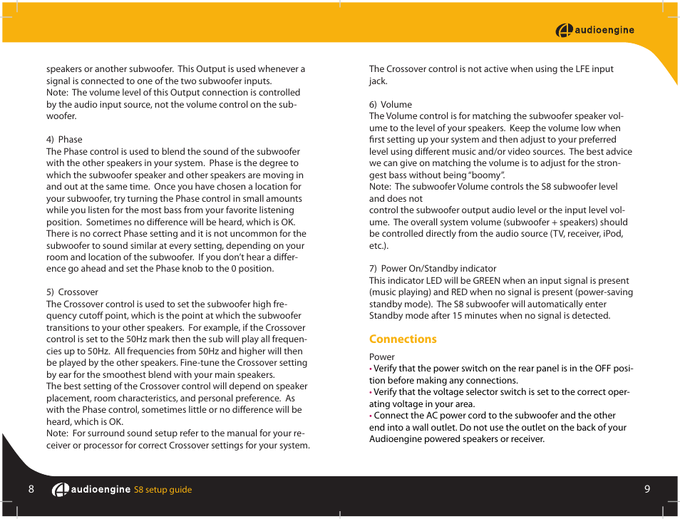 Connections | AudioEngine S8 POWERED SUBWOOFER User Manual | Page 6 / 13