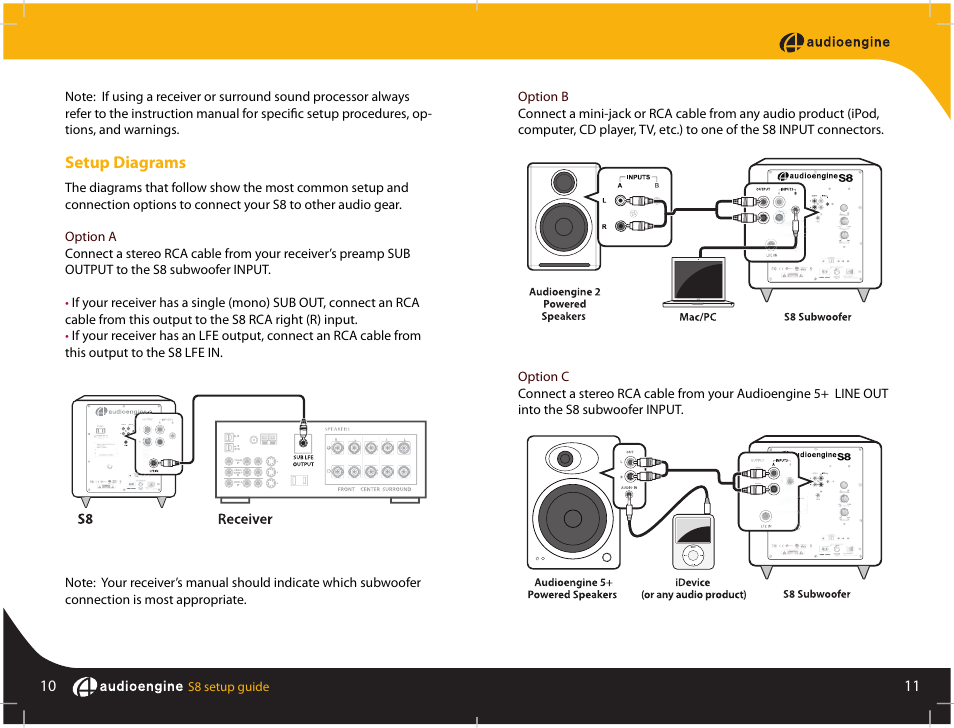 Setup diagrams | AudioEngine S8 POWERED SUBWOOFER User Manual | Page 7 / 13