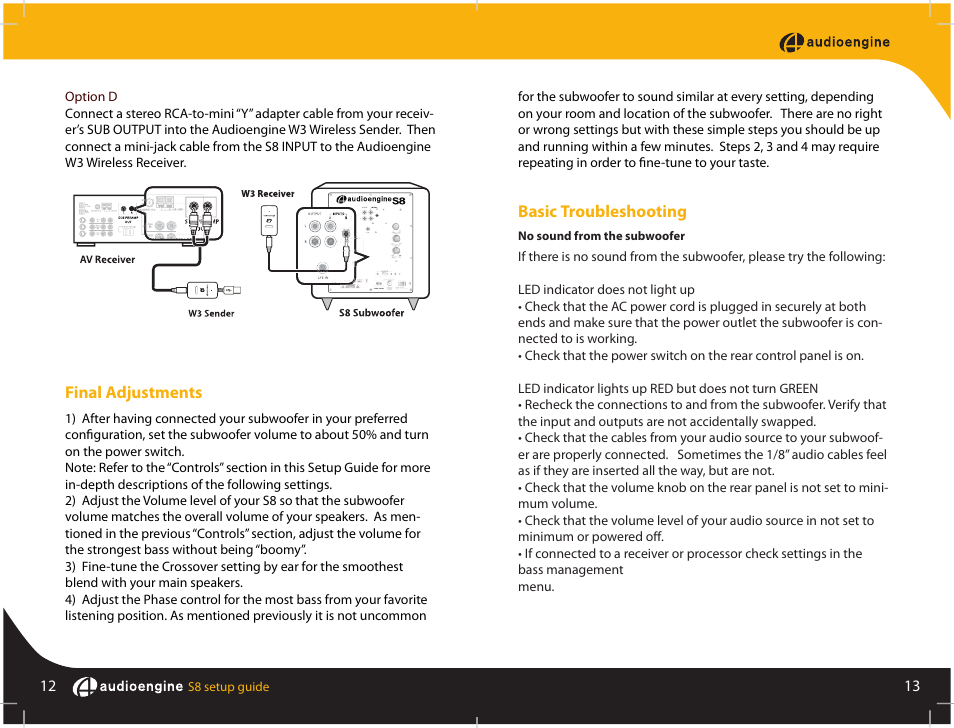 Final adjustments, Basic troubleshooting | AudioEngine S8 POWERED SUBWOOFER User Manual | Page 8 / 13