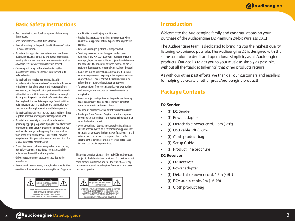 Basic safety instructions, Introduction, Package contents | Audioengine a5+ setup guide, D2 setup guide | AudioEngine D2 24-BIT WIRELESS DAC User Manual | Page 3 / 8