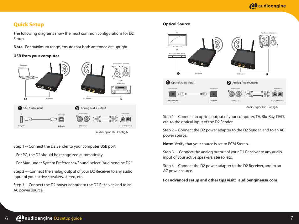Quick setup, D2 setup guide | AudioEngine D2 24-BIT WIRELESS DAC User Manual | Page 5 / 8
