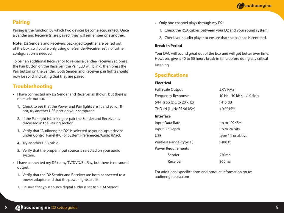 Pairing, Troubleshooting, Specifications | AudioEngine D2 24-BIT WIRELESS DAC User Manual | Page 6 / 8