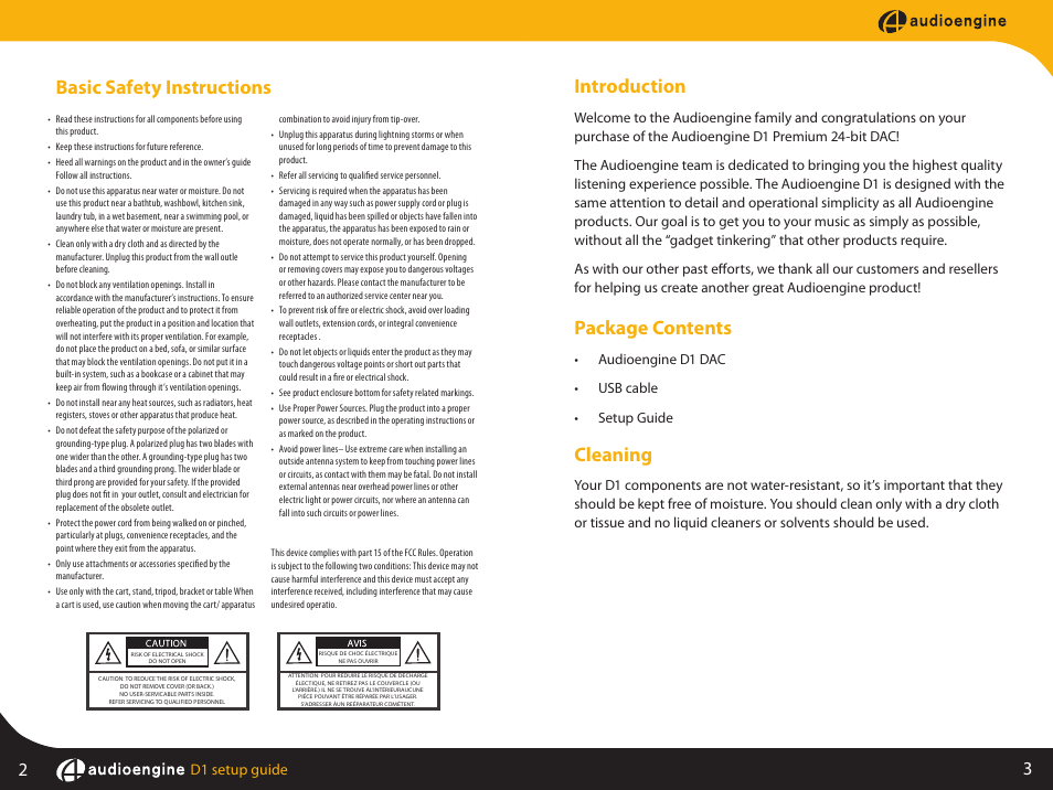 Basic safety instructions, Introduction, Package contents | Cleaning, Audioengine a5+ setup guide | AudioEngine D1 24-BIT DAC User Manual | Page 3 / 8