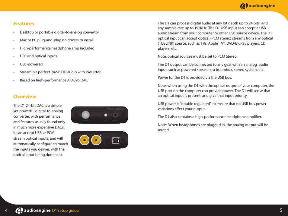 Features, Overview | AudioEngine D1 24-BIT DAC User Manual | Page 4 / 8