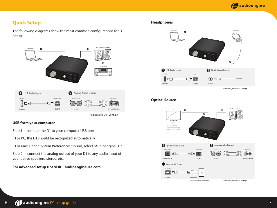 Quick setup, D1 setup guide | AudioEngine D1 24-BIT DAC User Manual | Page 5 / 8