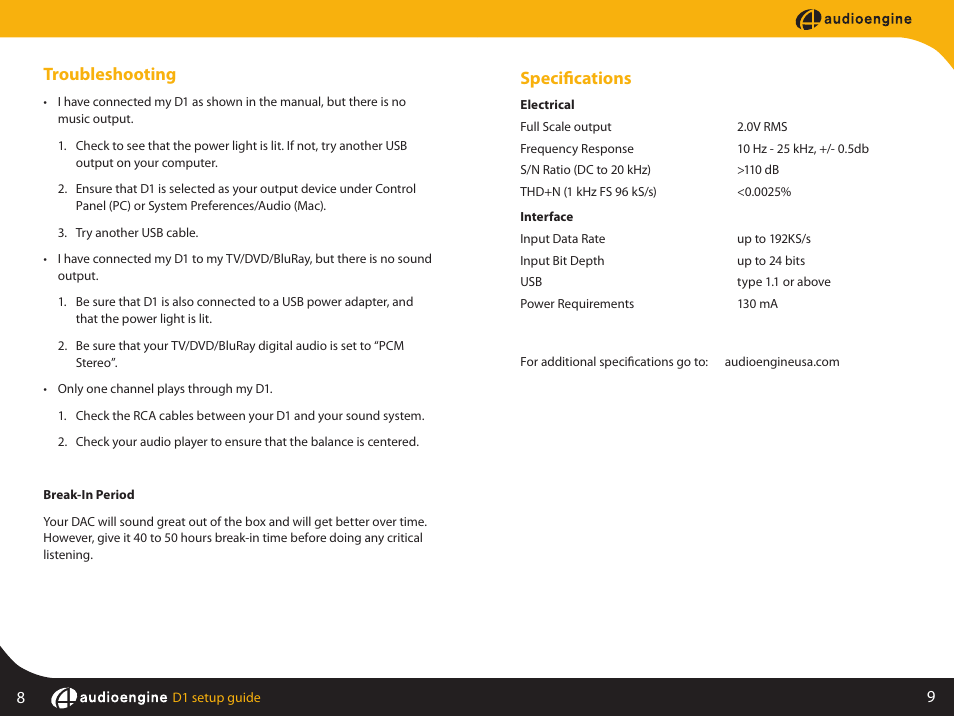 Troubleshooting, Specifications | AudioEngine D1 24-BIT DAC User Manual | Page 6 / 8