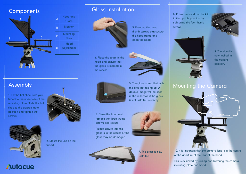 Assembly, Components, Mounting the camera | Glass installation | Autocue SSP17 V2 User Manual | Page 2 / 2