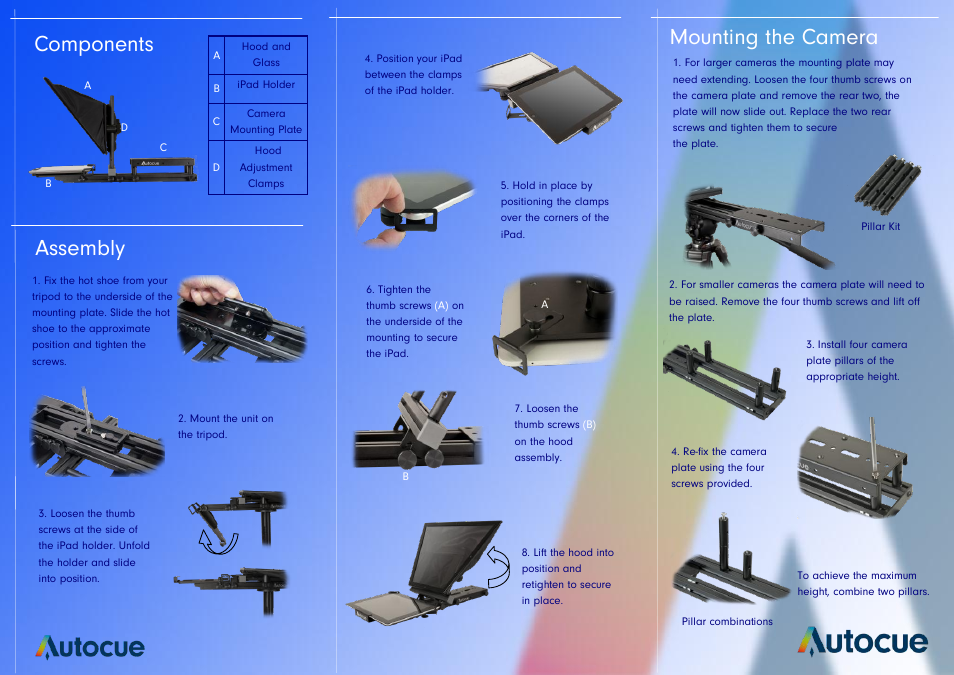 Assembly, Components, Mounting the camera | Autocue Starter Series iPad Teleprompter Package User Manual | Page 2 / 2