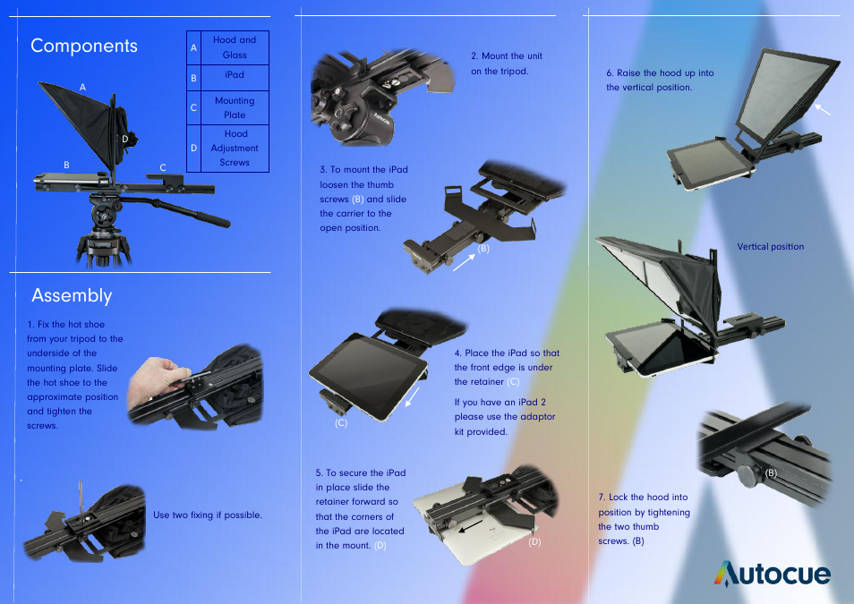 Assembly, Components | Autocue Starter Series iPad Lite Teleprompter Package User Manual | Page 2 / 2