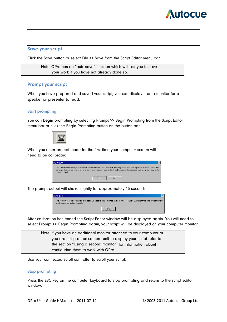 Save your script, Prompt your script, Start prompting | Stop prompting | Autocue QPro User Guide User Manual | Page 11 / 51