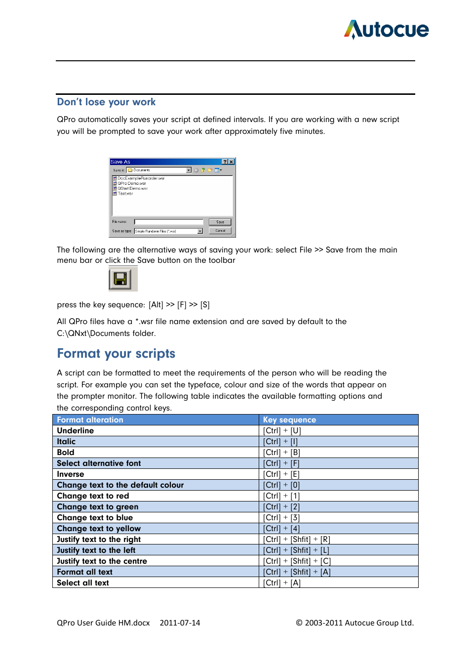 Format your scripts, Don’t lose your work | Autocue QPro User Guide User Manual | Page 17 / 51