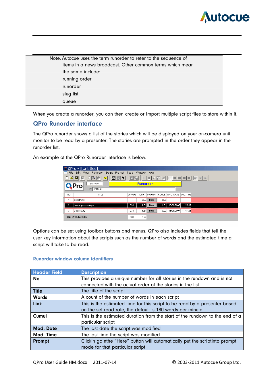 Qpro runorder interface | Autocue QPro User Guide User Manual | Page 21 / 51