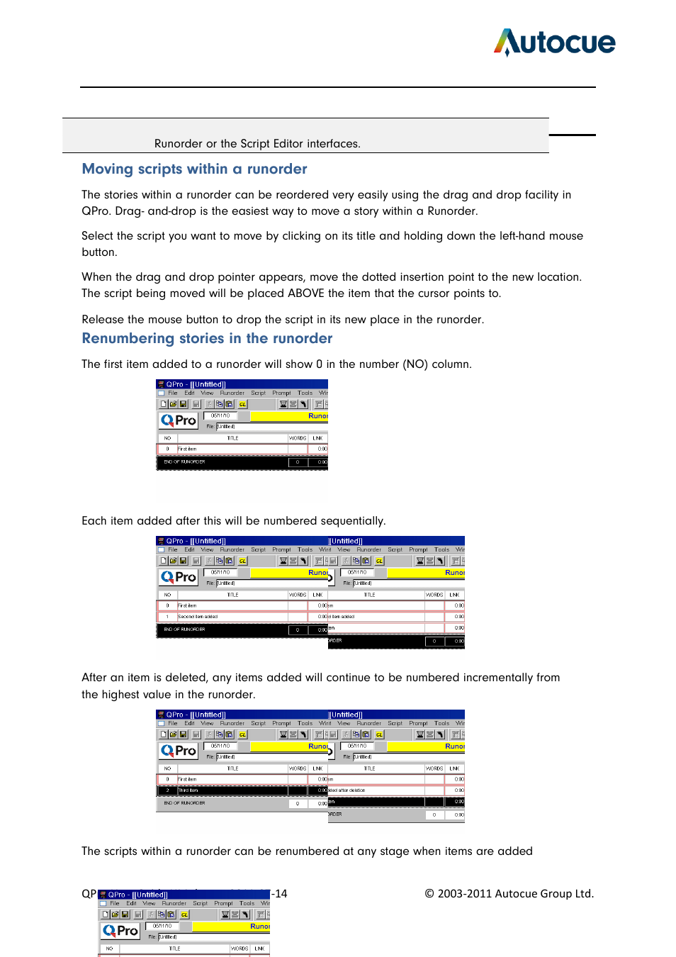Moving scripts within a runorder, Renumbering stories in the runorder | Autocue QPro User Guide User Manual | Page 24 / 51