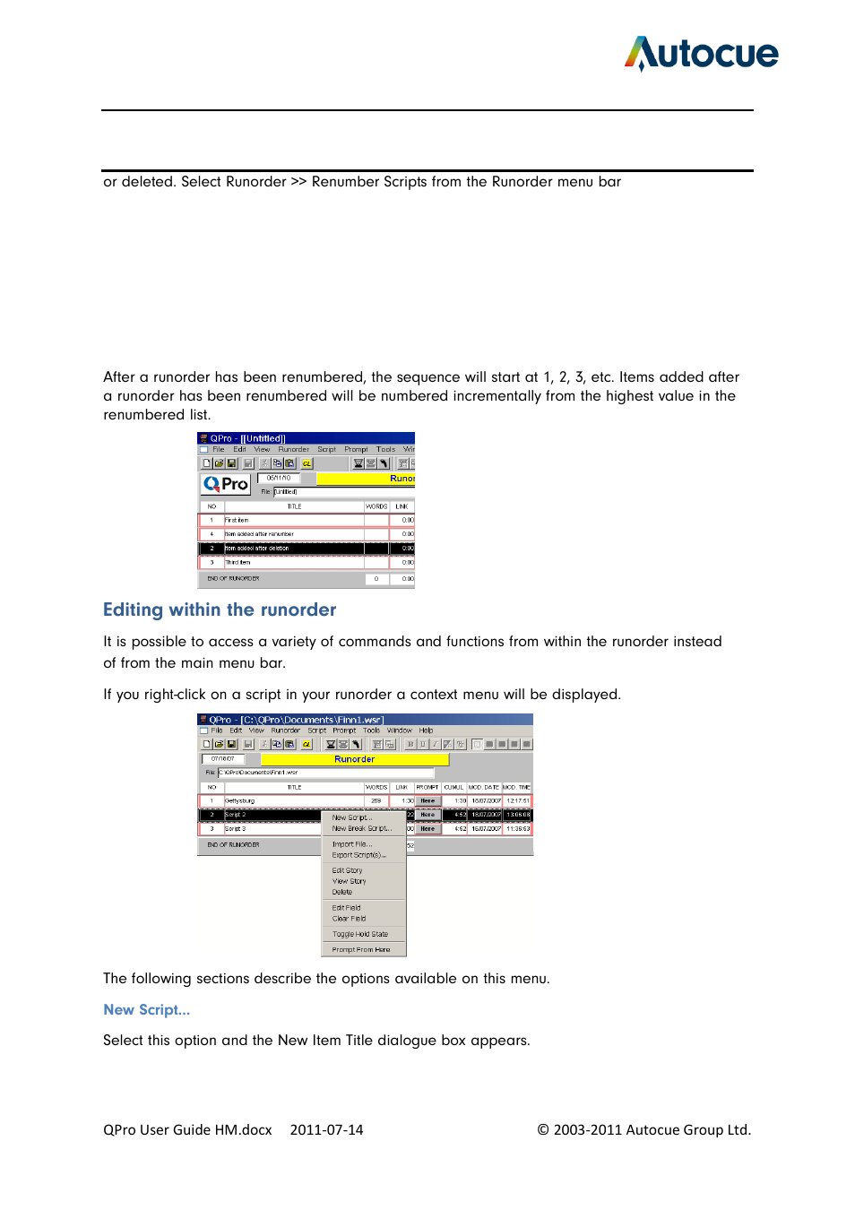 Editing within the runorder | Autocue QPro User Guide User Manual | Page 25 / 51