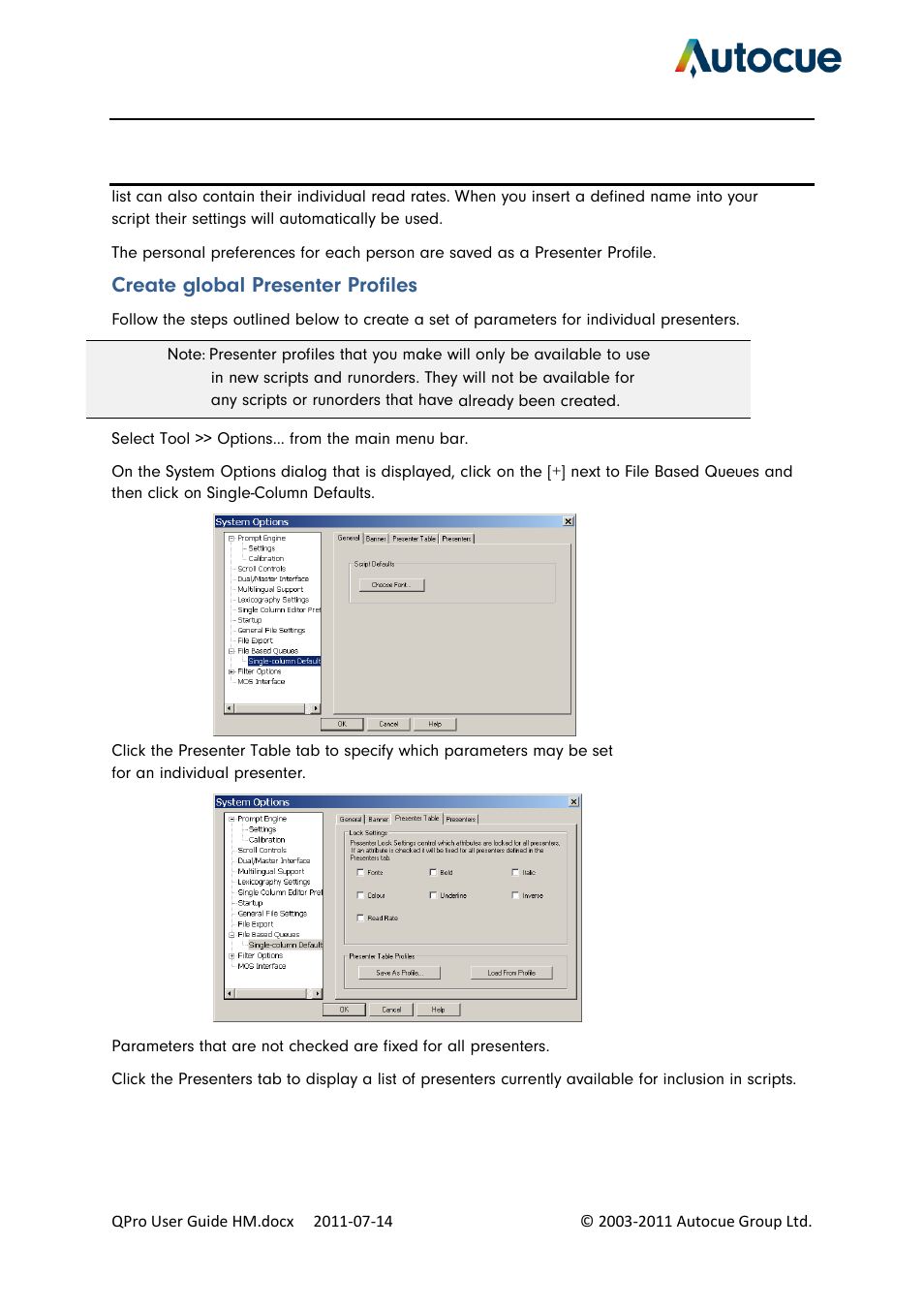 Create global presenter profiles | Autocue QPro User Guide User Manual | Page 28 / 51