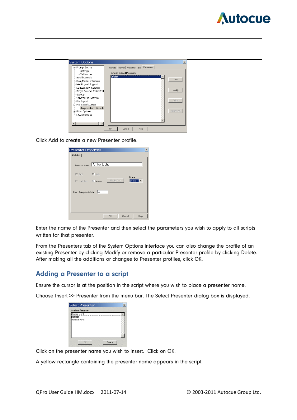 Adding a presenter to a script | Autocue QPro User Guide User Manual | Page 29 / 51