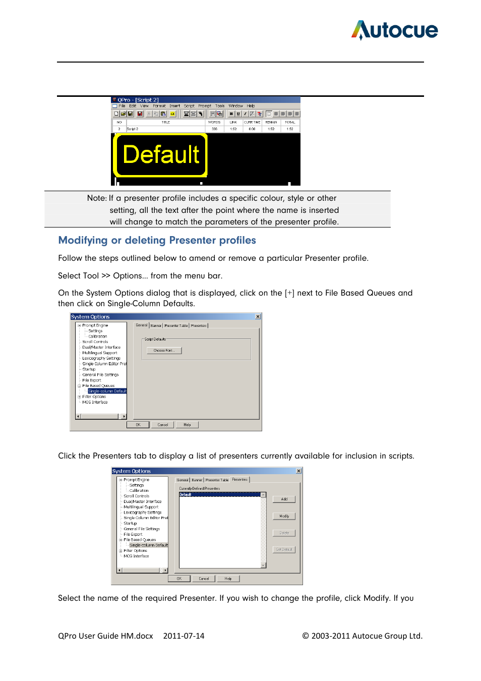 Modifying or deleting presenter profiles | Autocue QPro User Guide User Manual | Page 30 / 51