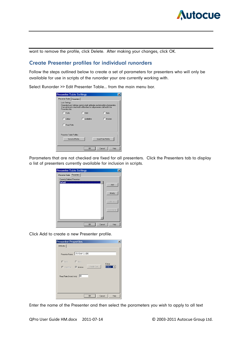 Create presenter profiles for individual runorders | Autocue QPro User Guide User Manual | Page 31 / 51
