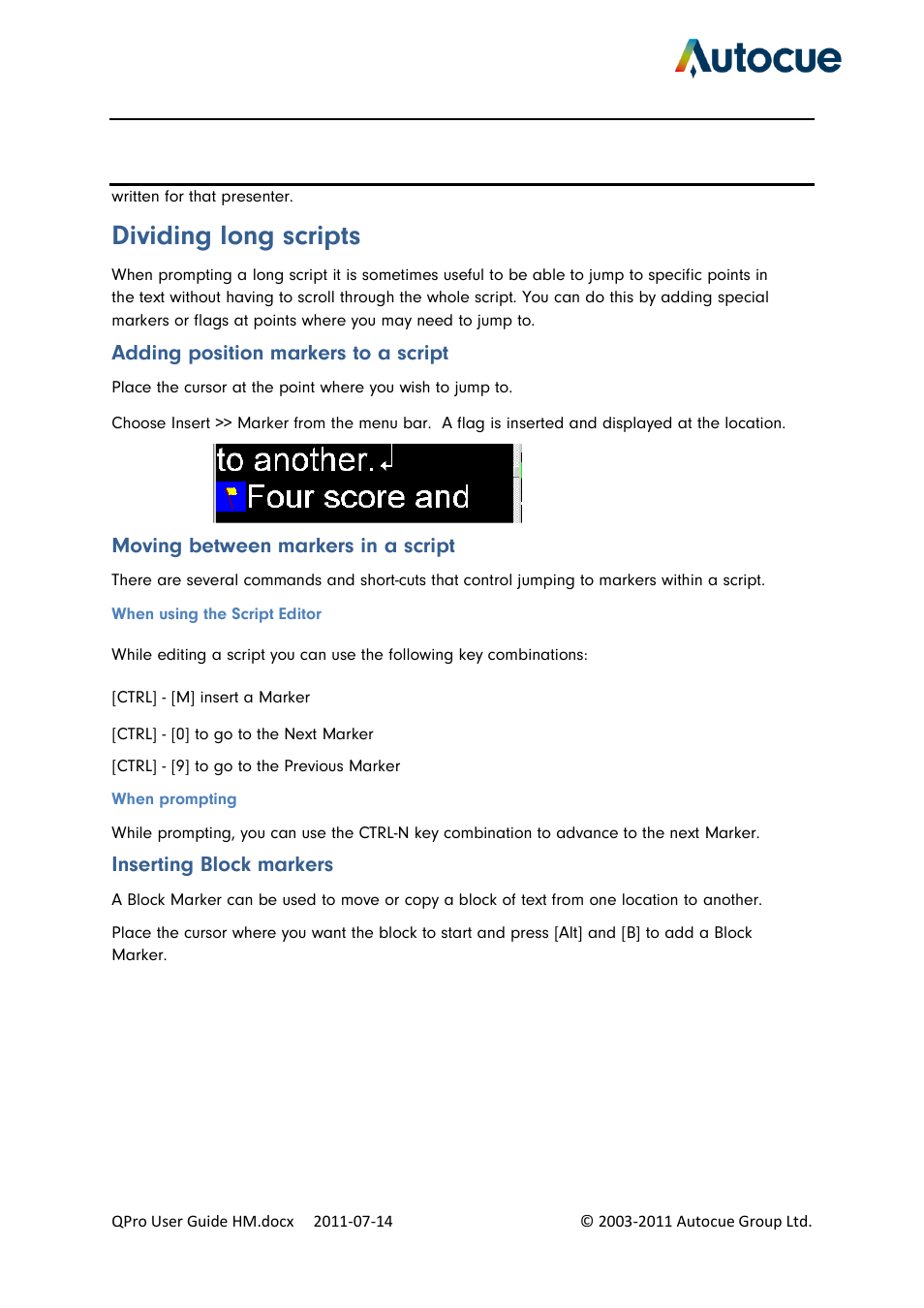 Dividing long scripts, Adding position markers to a script, Moving between markers in a script | Inserting block markers | Autocue QPro User Guide User Manual | Page 32 / 51