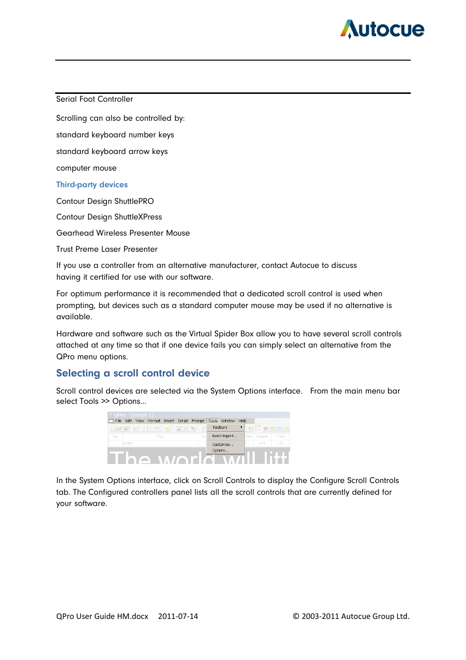 Selecting a scroll control device | Autocue QPro User Guide User Manual | Page 34 / 51