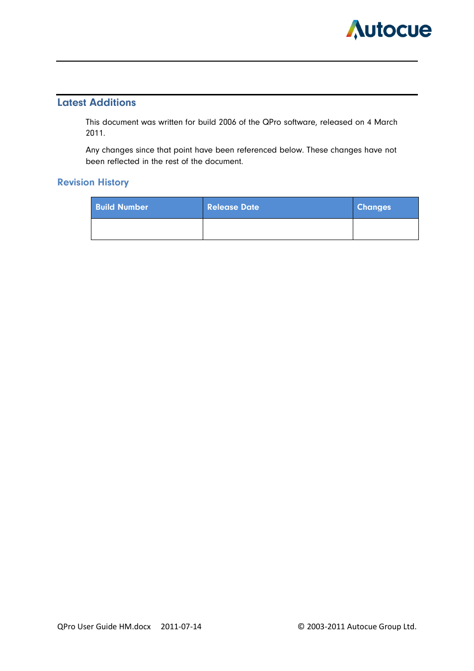 Latest additions, Revision history | Autocue QPro User Guide User Manual | Page 4 / 51
