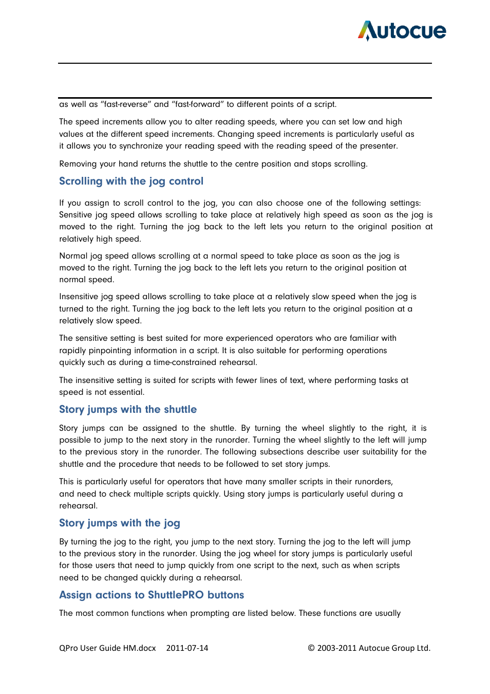 Scrolling with the jog control, Story jumps with the shuttle, Story jumps with the jog | Assign actions to shuttlepro buttons | Autocue QPro User Guide User Manual | Page 44 / 51