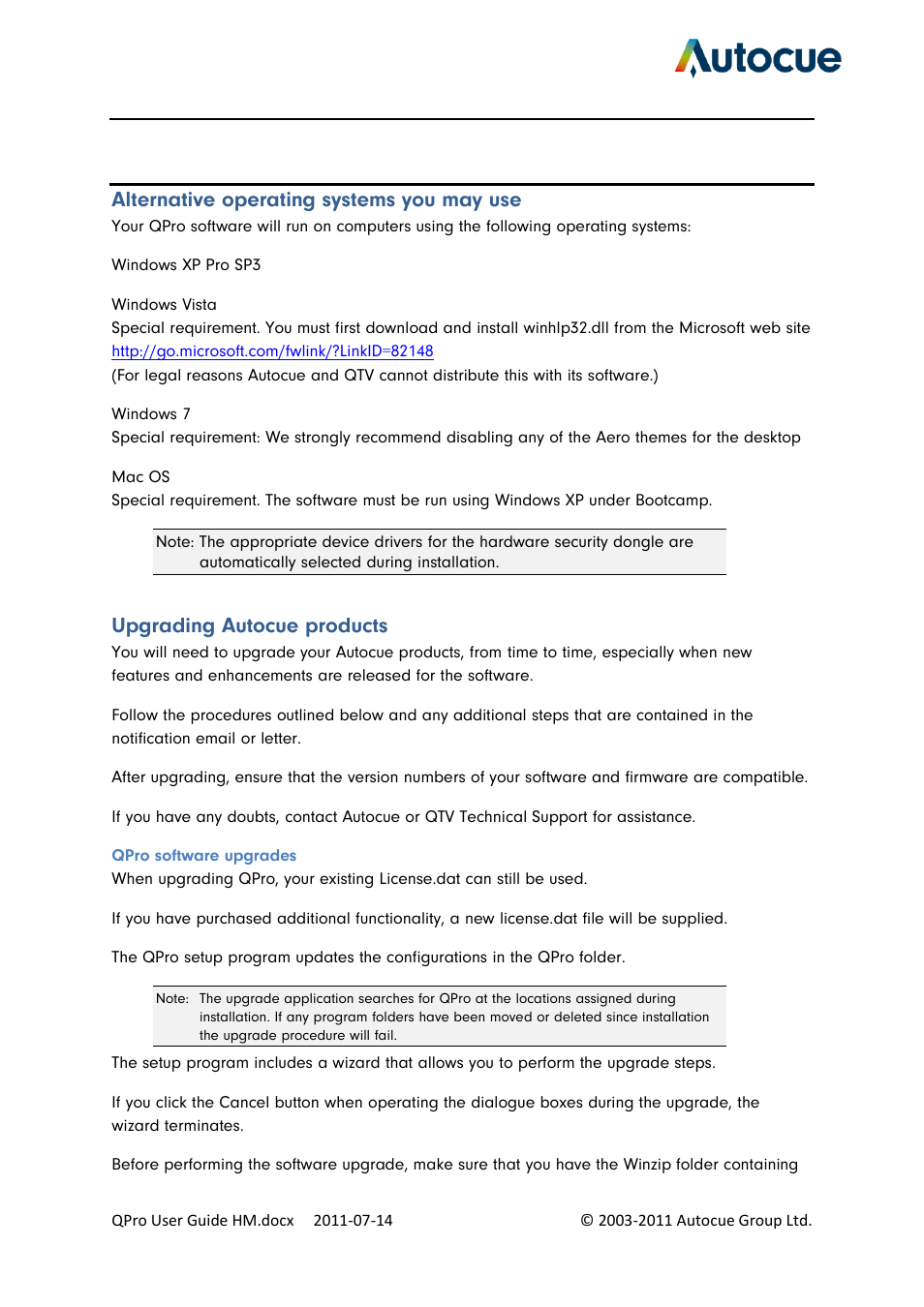 Alternative operating systems you may use, Upgrading autocue products, Qpro software upgrades | Autocue QPro User Guide User Manual | Page 48 / 51