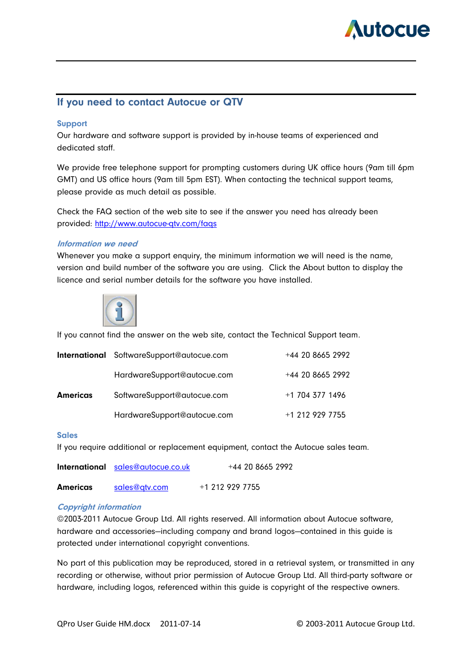 If you need to contact autocue or qtv, Support, Sales | Autocue QPro User Guide User Manual | Page 50 / 51