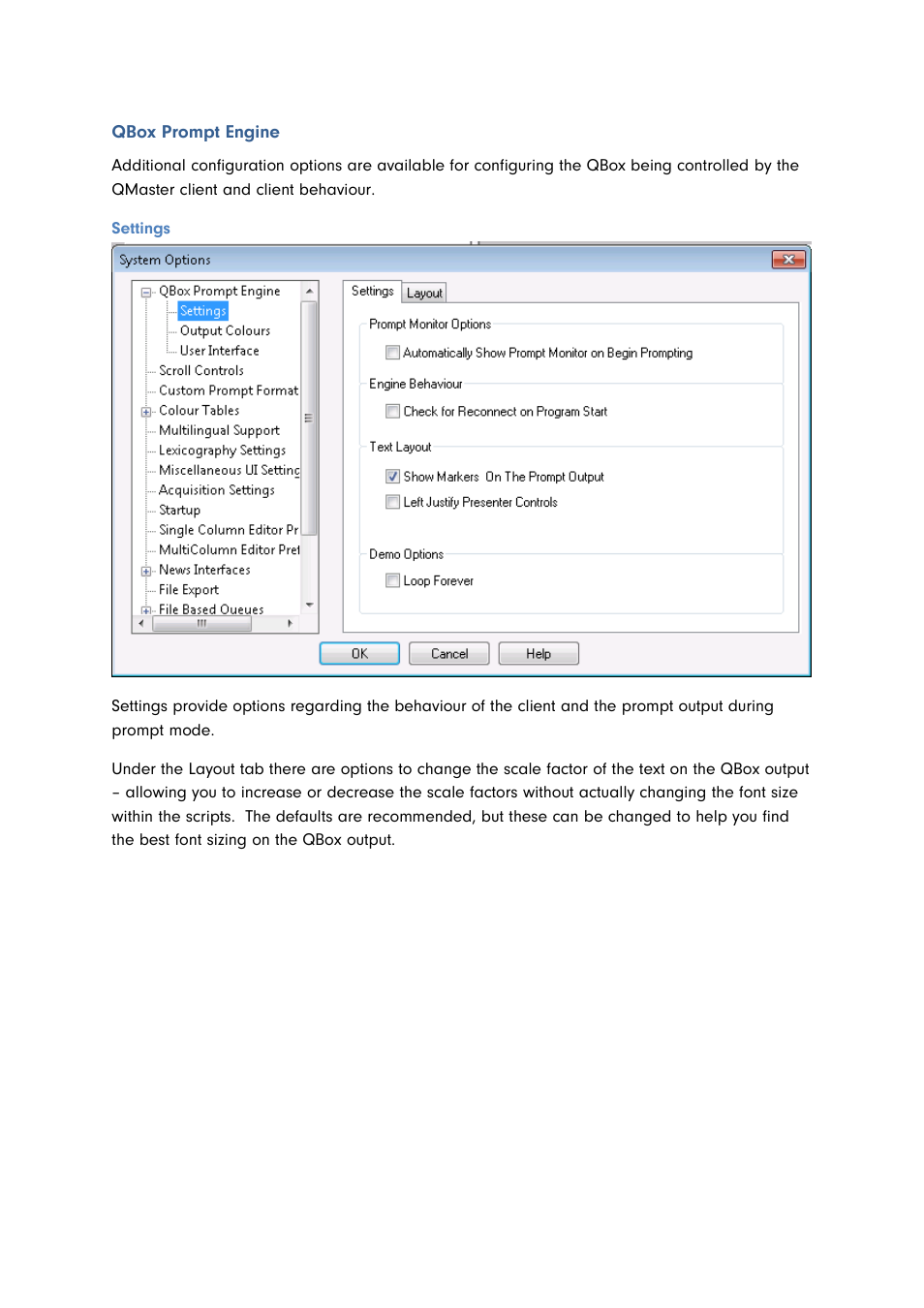 Qbox prompt engine, Settings | Autocue QMaster for Complex Languages User Manual | Page 42 / 66