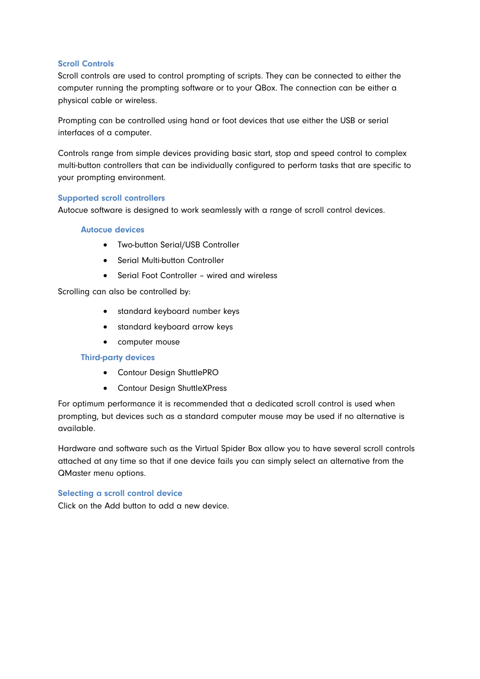 Scroll controls, Supported scroll controllers, Selecting a scroll control device | Autocue QMaster for Complex Languages User Manual | Page 44 / 66