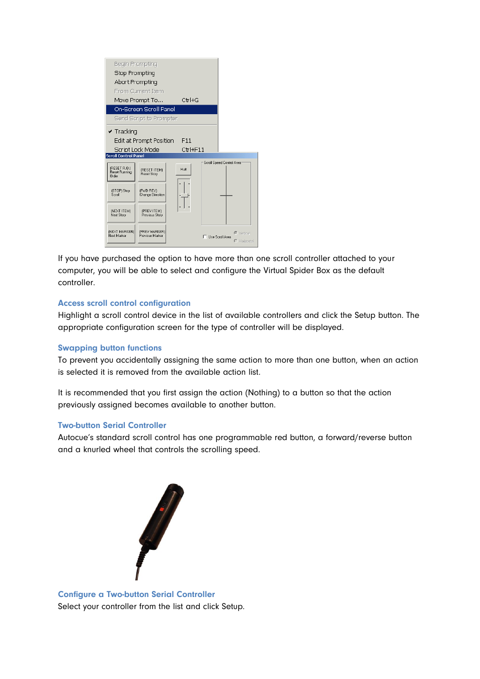 Access scroll control configuration, Swapping button functions, Two-button serial controller | Configure a two-button serial controller | Autocue QMaster for Complex Languages User Manual | Page 46 / 66