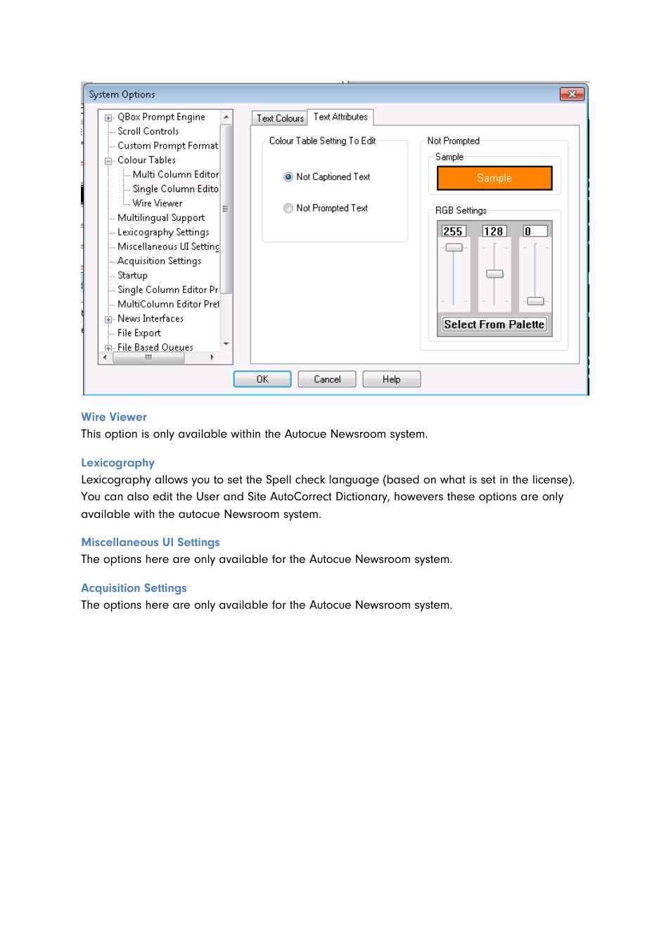 Wire viewer, Lexicography, Miscellaneous ui settings | Acquisition settings | Autocue QMaster for Complex Languages User Manual | Page 60 / 66