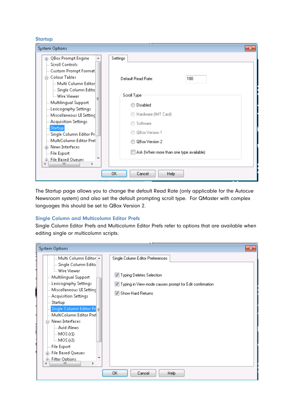 Startup, Single column and multicolumn editor prefs | Autocue QMaster for Complex Languages User Manual | Page 61 / 66