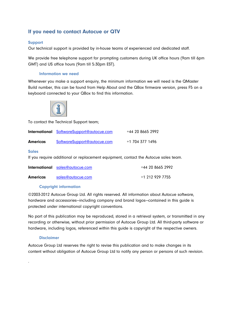 If you need to contact autocue or qtv, Support, Sales | Autocue QMaster for Complex Languages User Manual | Page 66 / 66