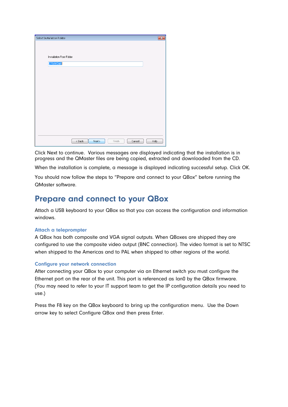 Prepare and connect to your qbox, Attach a teleprompter, Configure your network connection | Autocue QMaster for Complex Languages User Manual | Page 8 / 66