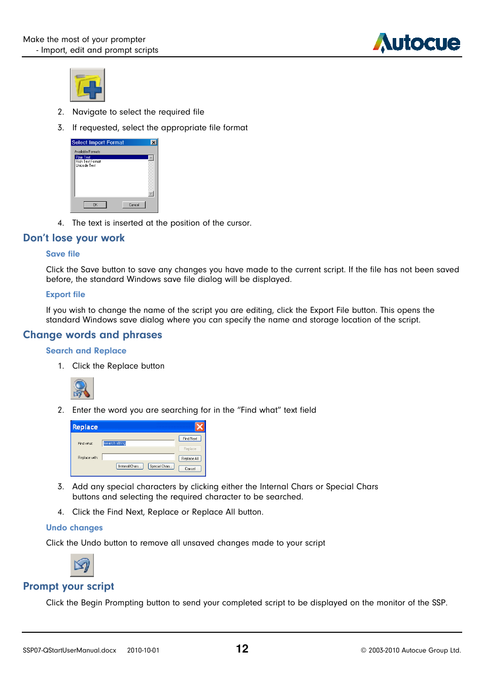 Don’t lose your work, Change words and phrases, Prompt your script | Autocue SSP07 Quick Start User Manual | Page 12 / 26