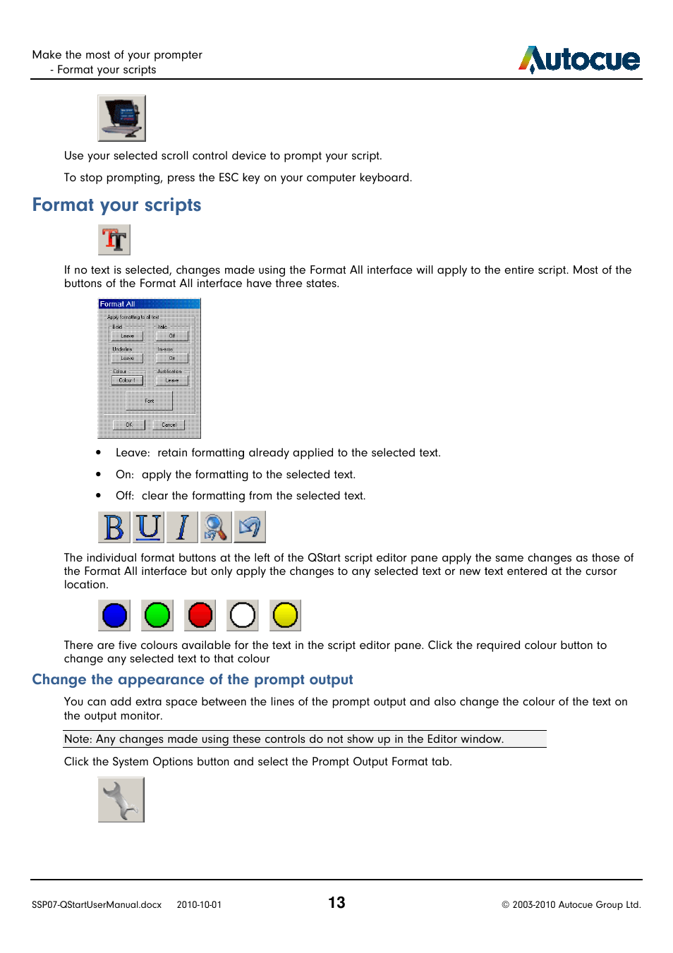 Format your scripts, Change the appearance of the prompt output | Autocue SSP07 Quick Start User Manual | Page 13 / 26