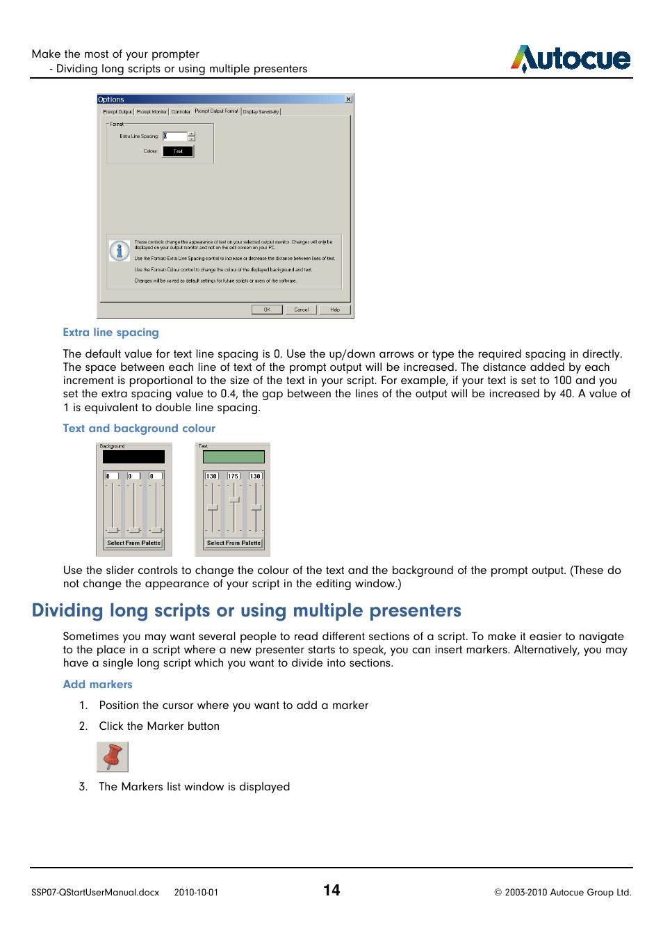 Dividing long scripts or, Long scripts or using multiple presenters | Autocue SSP07 Quick Start User Manual | Page 14 / 26